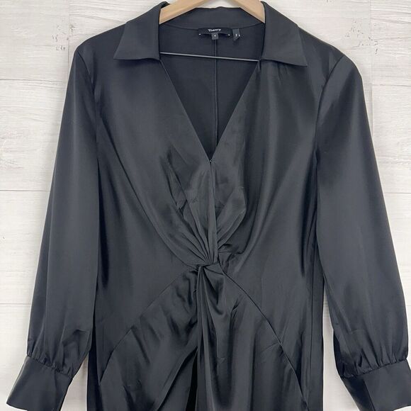 Theory Womens Black Satin Sheath Dress Size 8 Twist-Front Long-Sleeve V Neck - Picture 3 of 16